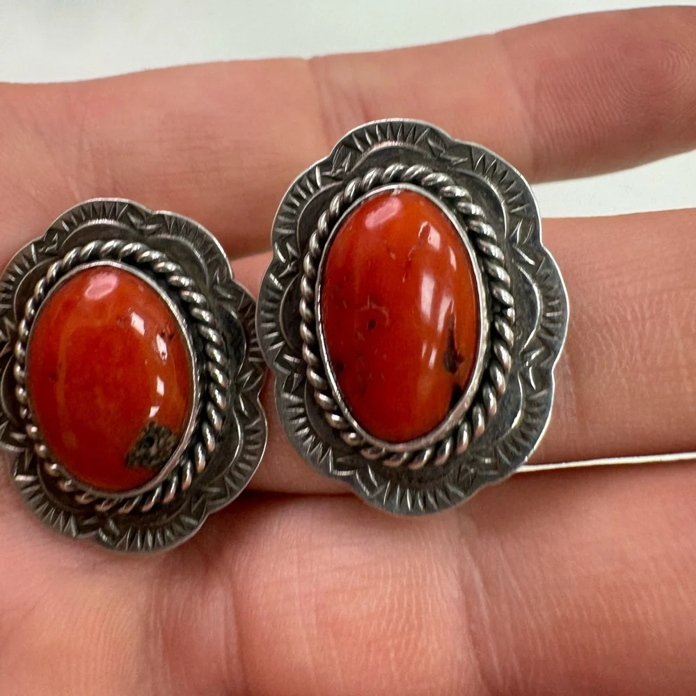 Navajo J. Slifka 925 Sterling silver and coral clip on earrings 11.7g